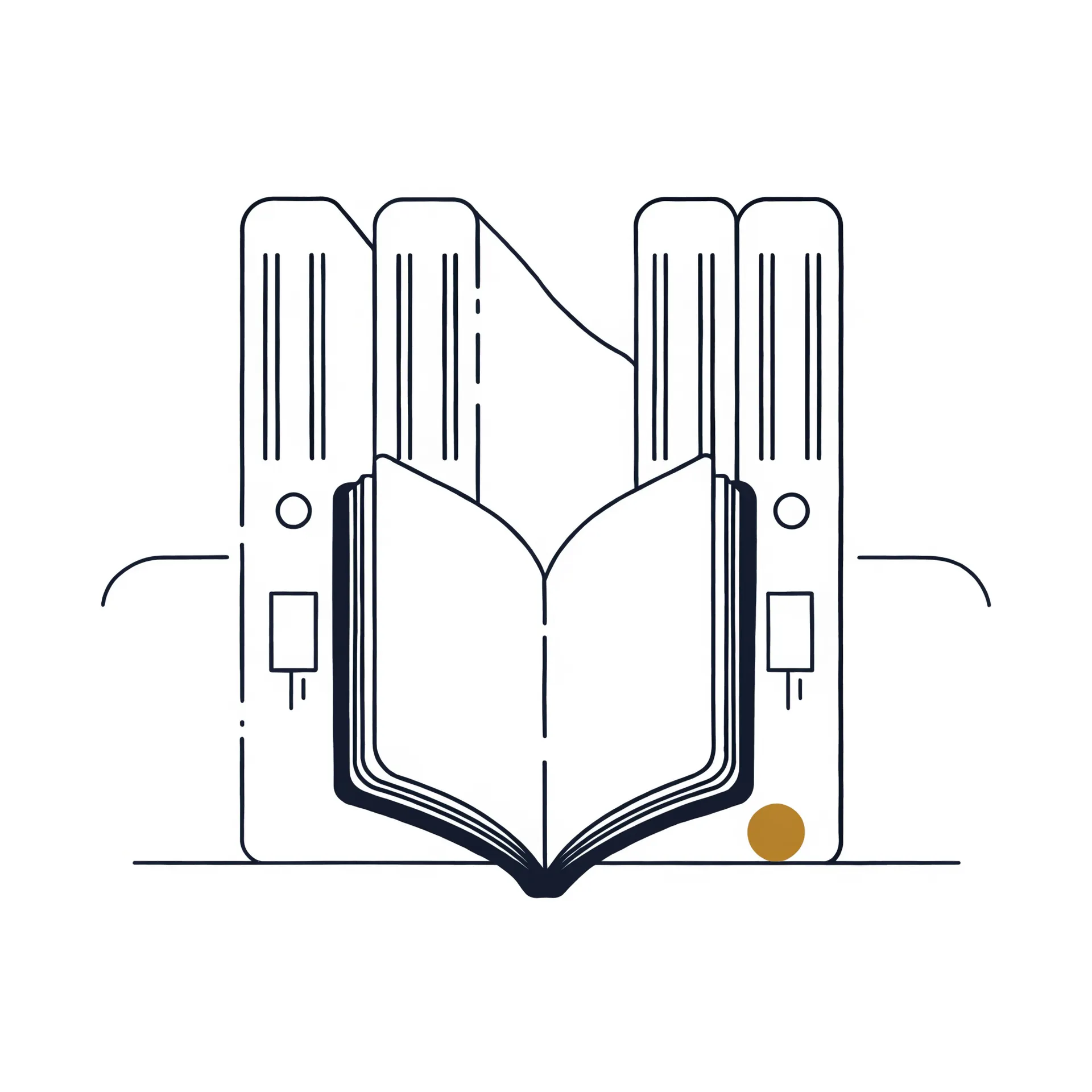 Calm line illustration of an organized but empty shelf of binders with one open empty binder, in ink navy with a small signet-gold accent
