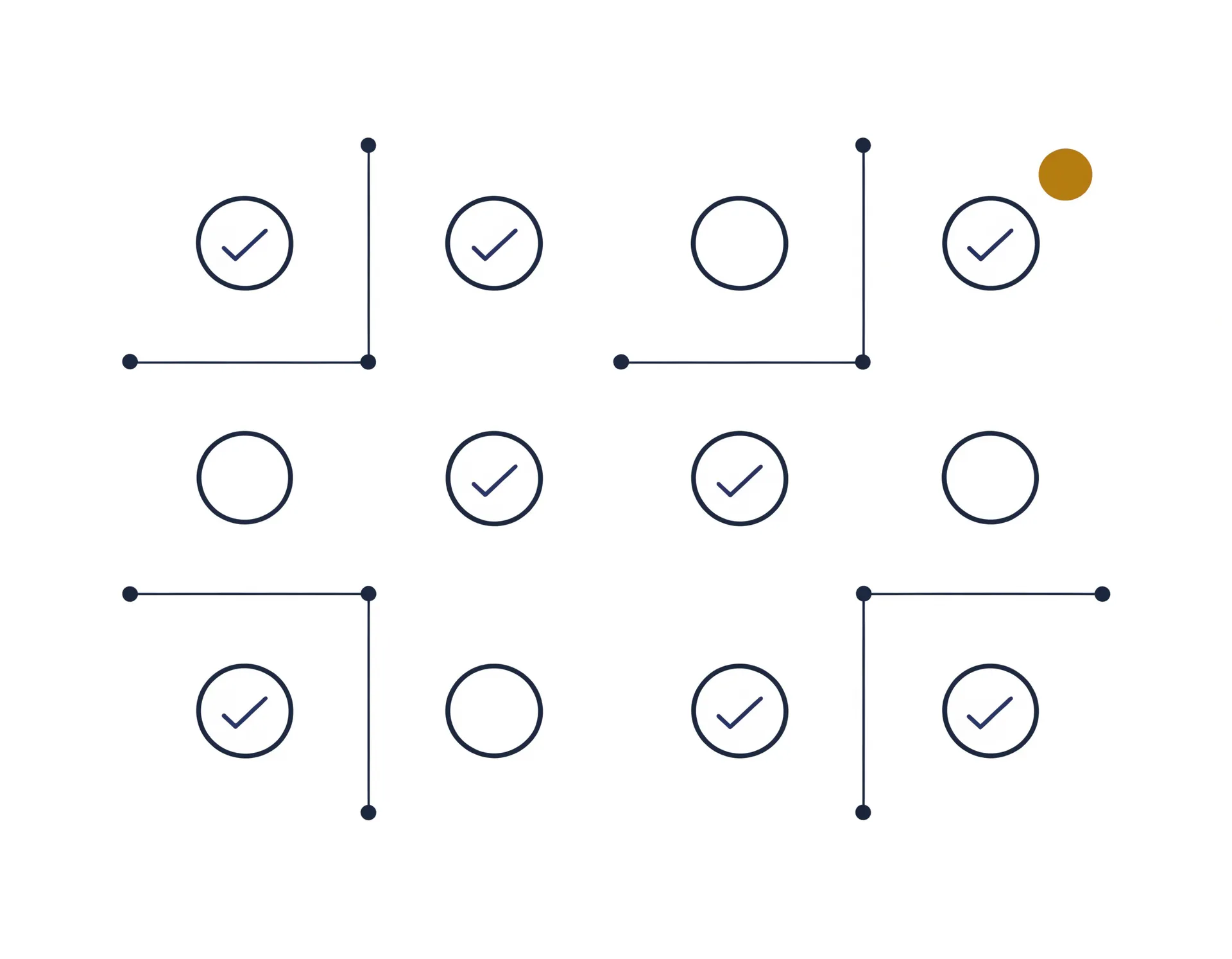 Iconographic per-jurisdiction obligation matrix: a grid of ink-navy circles, some with checkmarks for met duties and some open for gaps, with a single signet-gold accent