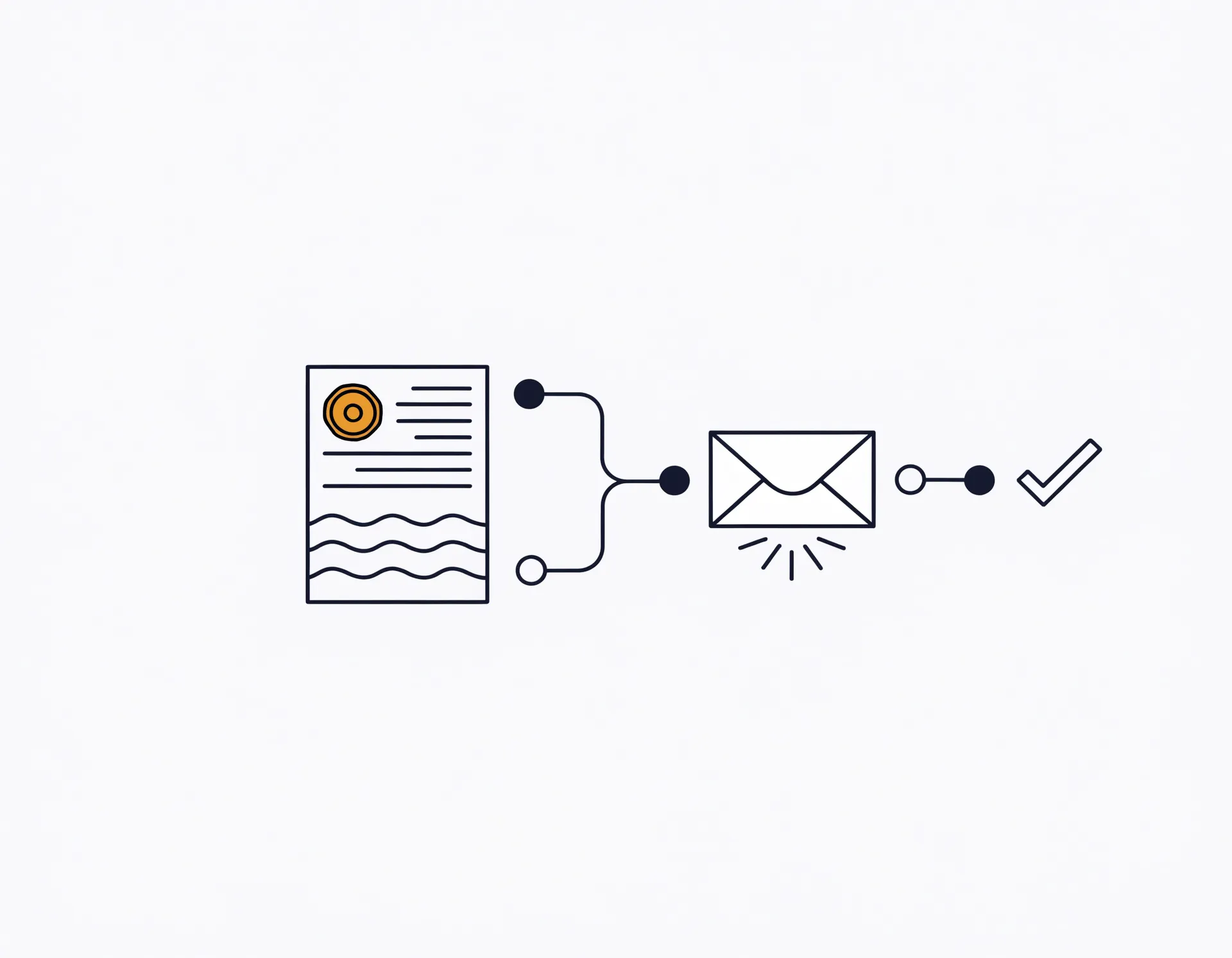 Notice tracking illustration: a sealed notice document connected by a delivery path with checkpoint dots to an envelope and a final delivered checkmark, in ink navy with one signet-gold seal