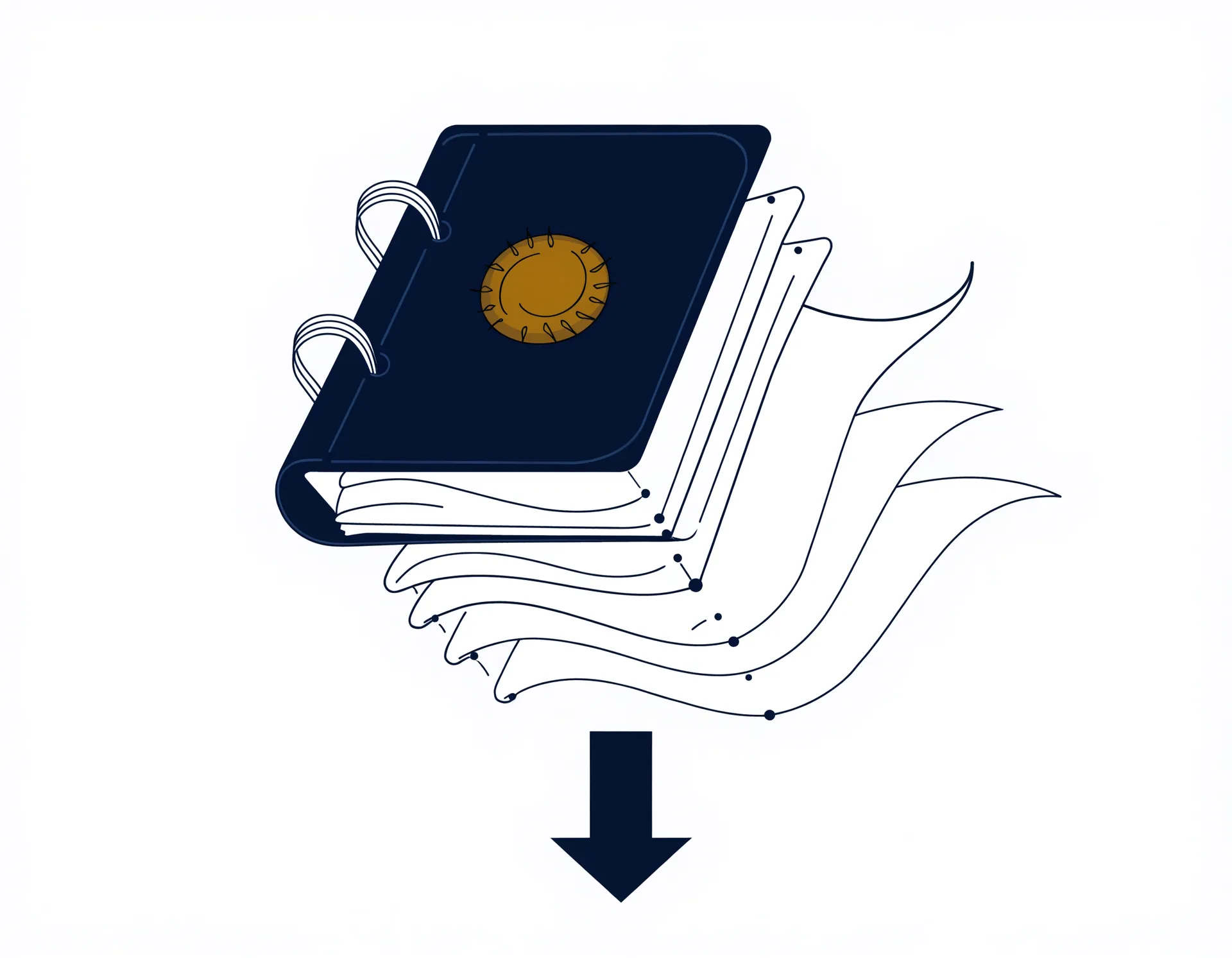 Audit binder export illustration: an ink-navy ring binder with a signet-gold seal, pages sliding out and a downward export arrow