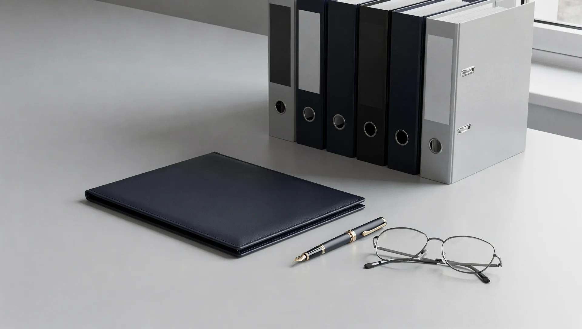 An organized records desk in cool daylight: a navy leather document portfolio, upright navy and grey binders, a fountain pen and reading glasses, with open space at left